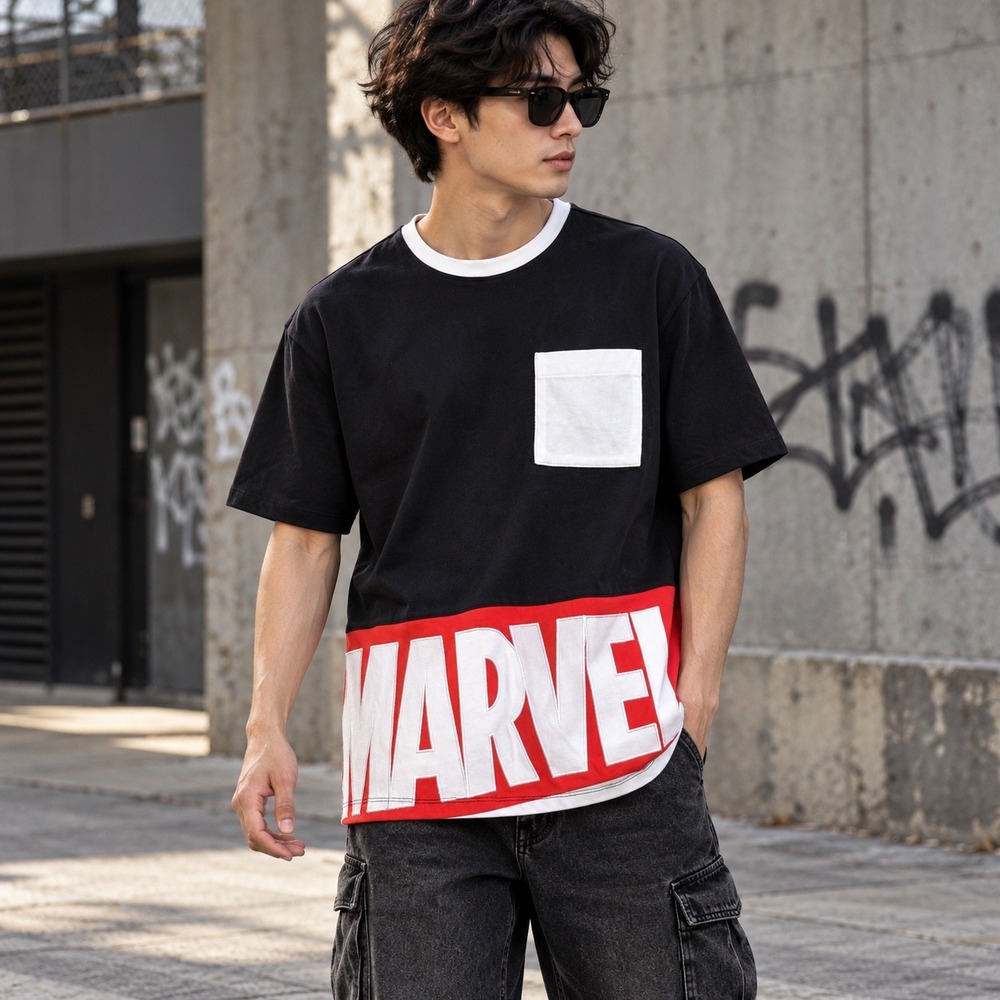 Marvel Mens Black White Red Colorblock Pocket Ringer Graphic T-Shirt Medium NWTS